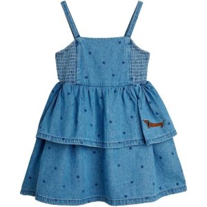 Abito per neonata Mini Rodini denim con ricamo bassotto