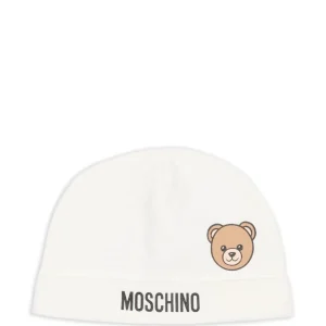 Berretto per neonati Moschino Kids bianco con motivo orsetto