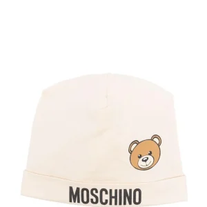 Cappello per neonato Moschino Kids beige con stampa logo e Teddy Bear