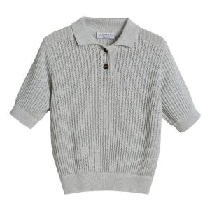 Polo in maglia con dettagli brillanti per bambino Brunello Cucinelli Kids grigio con orlo a coste