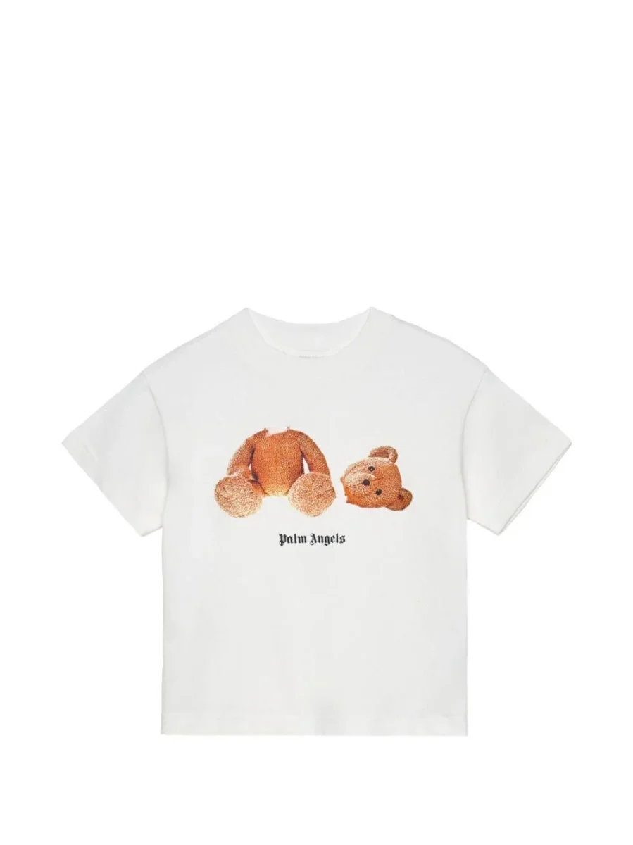 T-shirt per bambino Palm Angels Kids bianca con stampa orso sul davanti