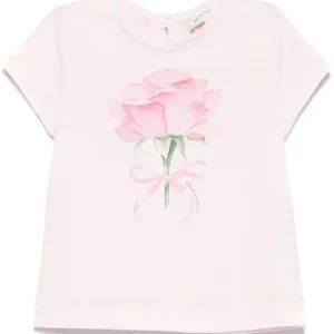 T-shirt per neonata Monnalisa rosa con stampa con rose sul davanti